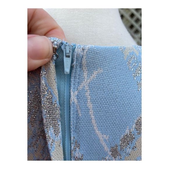 Vintage 50s Metallic Ice Blue Formal Gown Dress Maxi Silver Threads Cheongsam - Picture 10 of 14